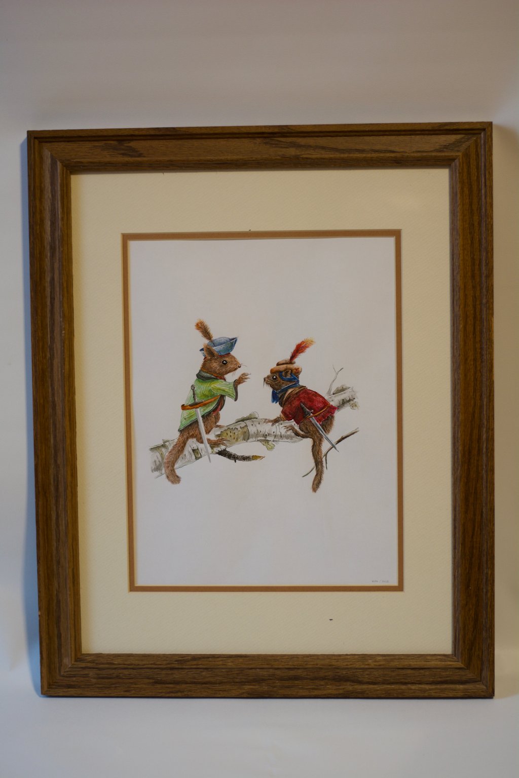 A photo of a drawing of two well-dressed and well-armed chipmunks having a discussion on a tree branch