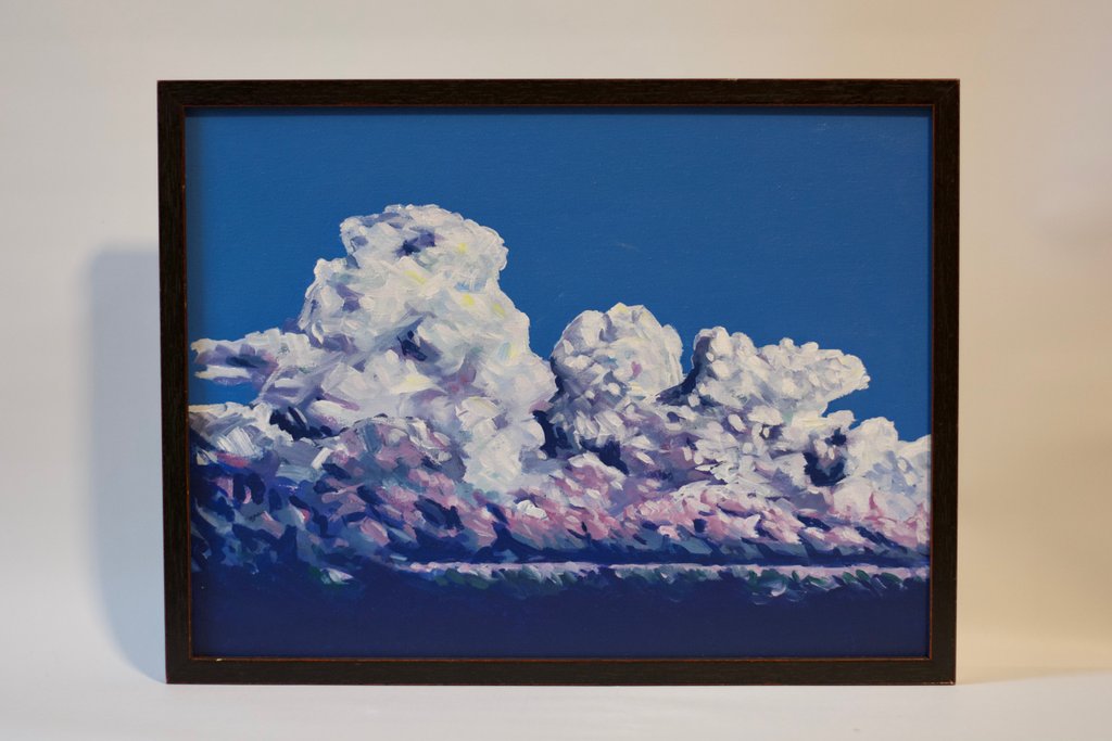 A photo of a painting of a large cumulonimbus cloud with three billowing pillars rising from it