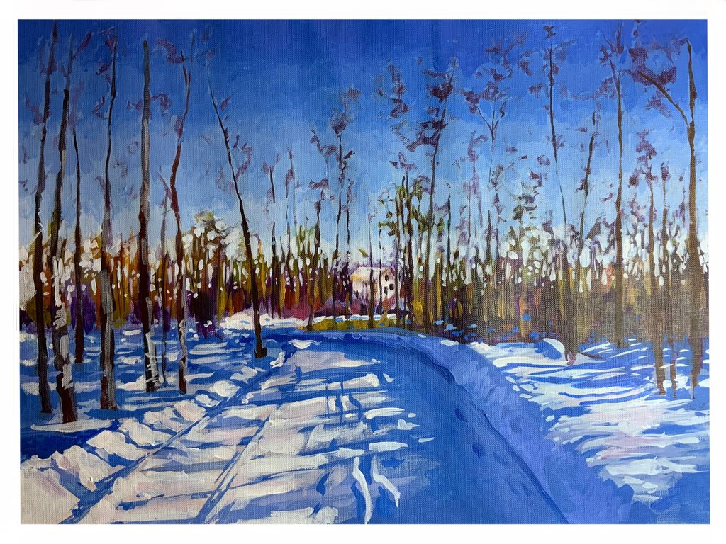 A photo of a painting of a snow covered driveway through a forest