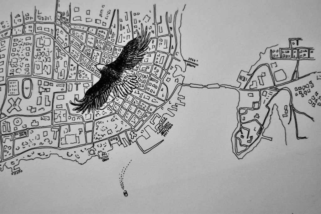 A photo of an ink drawing of an eagle soaring over a city grid