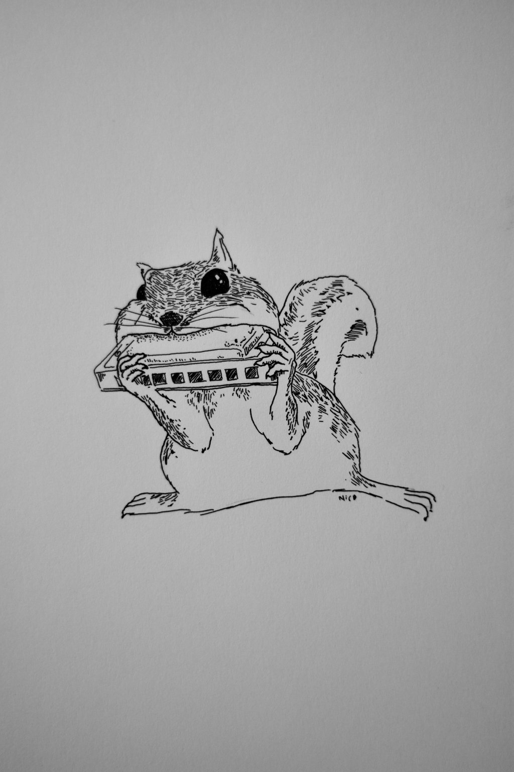 A photo of an ink drawing of a chipmunk playing harmonica